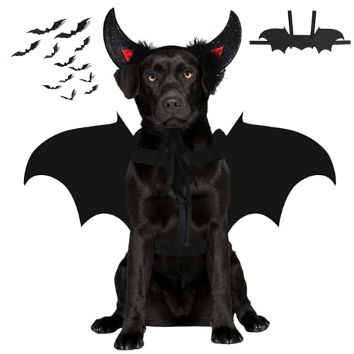 Ambreview Hunde-Halloween-Kostüm, Fledermausflügel, Teufelshörner, Stirnband, Haustierkostüm für Hunde, Vampir-Verkleidung, Zubehör für Halloween-Party, Cosplay-Kostüm, Größe L von Ambreview