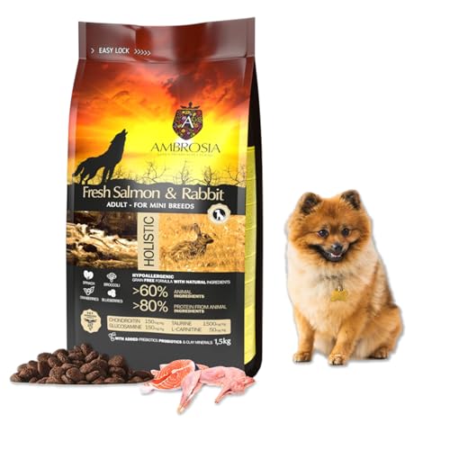 Ambrosia Frischer Lachs & Kaninchen hundefutter trocken für Mini-Rassen | Getreidefrei & Hypoallergen | Proteinreiches trockenfutter für Hunde (1.5 kg Packung) von Ambrosia Ultra Premium Pet Food