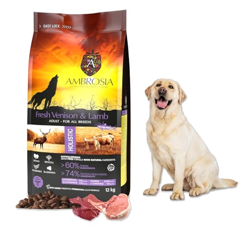 Ambrosia Ultra Premium Pet Food - Chicken & Fresh Fish 2 Kg - Hollistic Hypoallergenic Grain Free - Puppy Food (12kg, Frisches Hirsch & Lammfleisch) von Ambrosia Ultra Premium Pet Food