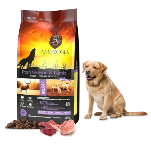 Ambrosia Ultra Premium Pet Food - Chicken & Fresh Fish 2 Kg - Hollistic Hypoallergenic Grain Free - Puppy Food (2 KG, Frisches Hirsch & Lammfleisch) von Ambrosia Ultra Premium Pet Food