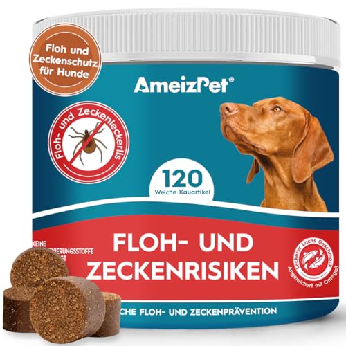 AmeizPet Floh Und Zeckenschutz Für Hunde, Zeckenschutz Hund, Anti Floh Hund Verstellbar Floh-Und Zecken Prävention, Verdauungsenzyme Für Alle Rassen Geeignet, 120 Hunde Leckerlis, 270g (9.5 Oz) von AmeizPet