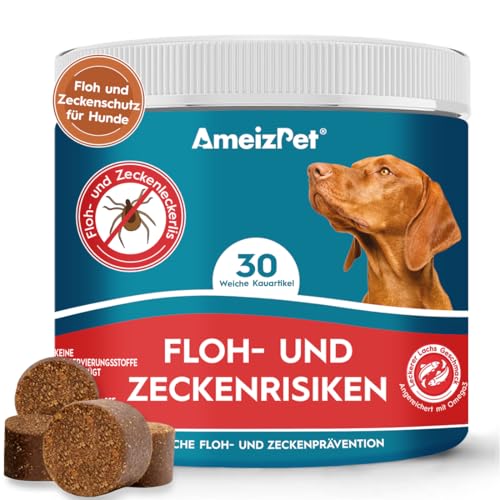 AmeizPet Floh Und Zeckenschutz Für Hunde, Zeckenschutz Hund, Anti Floh Hund Verstellbar Floh-Und Zecken Prävention, Verdauungsenzyme Für Alle Rassen Geeignet, 30 Hunde Leckerlis, 67.5g (2.3 Oz) von AmeizPet