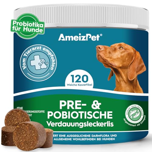 AmeizPet Hunde Weiche Leckerlis Probiotika Und Präbiotika für Hund Darmsanierung, Probiotische Verdauungssnacks, 120 Hunde Leckerlis von AmeizPet