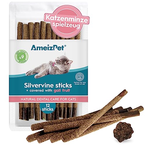 AmeizPet Katzenminze für Katzen, Katzenminze Spielzeug Natürlich Kauknochen Zahnpflege Katzen mit Gallenfrucht - Kauspielzeug Katze, Katzenminz Matatabi Katzensticks 12 Pcs von AmeizPet