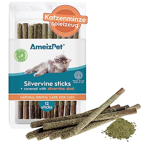 AmeizPet Katzenminze für Katzen, Katzenminze Spielzeug Natürlich Kauknochen Zahnpflege Katzen mit Silberbeere - Kauspielzeug Katze, Katzenminz Matatabi Katzensticks 12 Pcs von AmeizPet