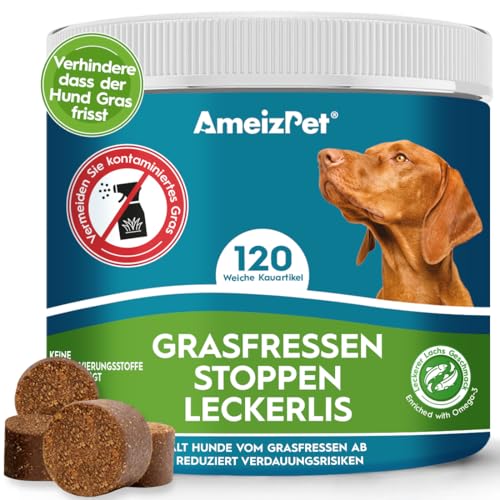 AmeizPet Kein Grasfressen Für Hunde Gegen Gras Fressen Hund, Verdauungsenzyme Bei Fressen Von Gras Für Eine Ausgeglichene Magen Und Darm Funktion, 120 Hunde Leckerlis, 270g (9.5 Oz) von AmeizPet