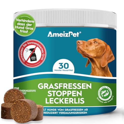 AmeizPet Kein Grasfressen Für Hunde Gegen Gras Fressen Hund, Verdauungsenzyme Bei Fressen Von Gras Für Eine Ausgeglichene Magen Und Darm Funktion, 30 Hunde Leckerlis, 67.5g (2.3 Oz) von AmeizPet