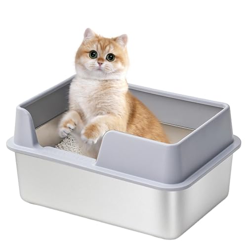 Edelstahl Katzenklo Mit Rand, Katzentoilette Oben Offen Hohe Seite Box, Stainless Steel Box, Spritzwassergeschütztes, Hochrand Abfallbecken Für Katzen, Leicht Zu Reinigen, 50X35X25 cm von Amesor