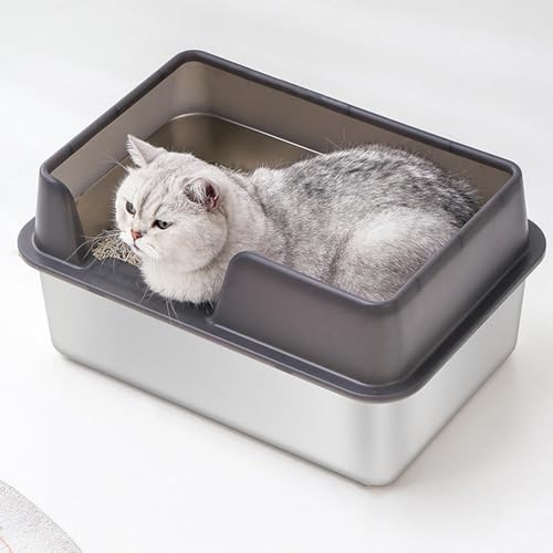 Edelstahl Katzenklo Mit Rand, Katzentoilette Oben Offen Hohe Seite Litter Box, Stainless Steel Litter Box, Spritzwassergeschütztes, Hochrand Abfallbecken Für Katzen, Leicht Zu Reinigen, 50X35X25 cm von Amesor