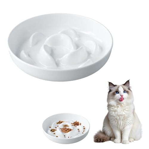 Amexo Anti Schling Napf Katze,16x16cm Interaktiver Pet Fressnapf, Katzen Näpfe Langsam Fütterung mit Hohen Rändern, Reduziert Verschlucken und Überessen Slow Feeder für Katzen und kleine Hunde, Weiß von Amexo