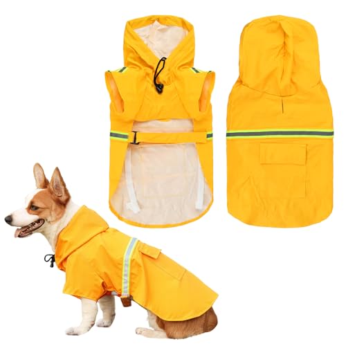 Amexo Hunderegenmantel mit Reflektierenden Streifen Wasserdichter Hundemantel mit Kapuze Verstellbare Regenjacke mit Kragenloch für Kleine Mittelgroße und Große Hunde (L) von Amexo