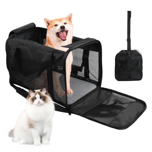 Amexo Transporttasche für Katze Hund, Hundebox Faltbar Katzen Transportboxen Hundetragetasche Transportbox mit Tragegriffen & Decke für Mittelgroße Katzen & Hunde bis 10 kg, 44 x 27 x 28 cm（Schwarz） von Amexo