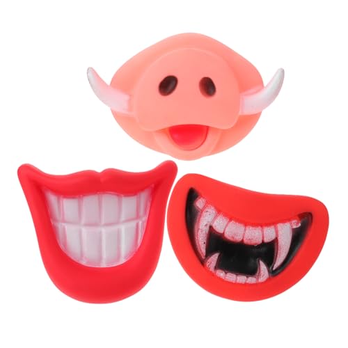 Kauspielzeug für Welpen, Silikon, Rosa, Schweinegesichter, rote Zähne, rote Lippen, Halloween, Cosplay, Partyzubehör, 3 Stück von Amosfun