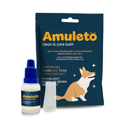 Amuleto Milben und Flohshampoo für Hunde & Katzen - Milbenmittel 2X 15ml Konzentrat - Parasiten Shampoo - Lindert Juckreiz, spendet Feuchtigkeit, beruhigt gereizte Haut - Clean & Care Bath von Amuleto