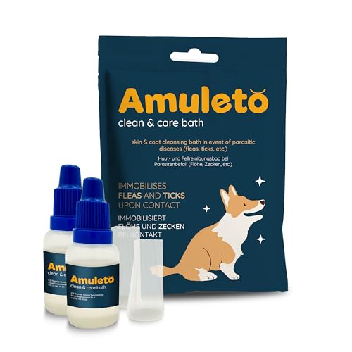 Amuleto Milben und Flohshampoo für Hunde & Katzen - Milbenmittel 2X 15ml Konzentrat - Parasiten Shampoo - Lindert Juckreiz, spendet Feuchtigkeit, beruhigt gereizte Haut - Clean & Care Bath von Amuleto