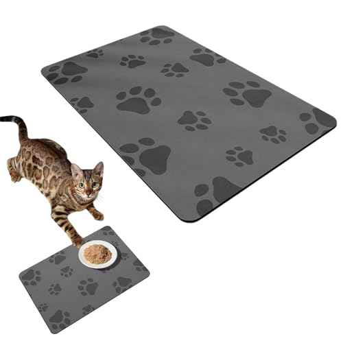 Napfunterlage Katzen, wasserdichte und rutschfeste Silikon Fressnapf Unterlage, Katzennapf Fressnapf Futtermatte Katzenfutter Futternapf Matte(Grau 50×30cm) von Amusingtao