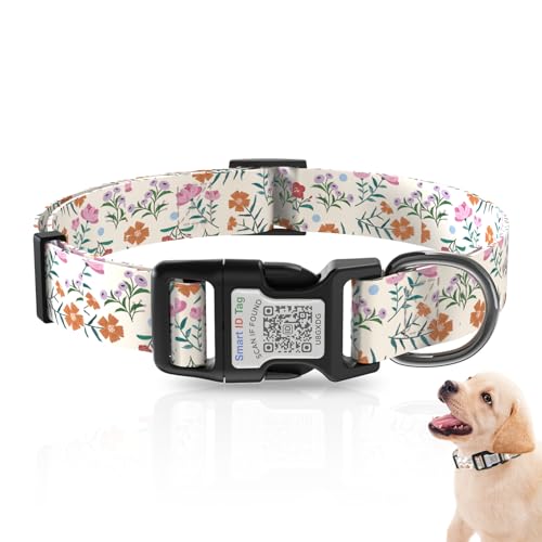 AmxminaID Hundehalsband, Hundehalsband für große Hunde, Hundehalsband mit QR-Code-Namensschild, weiches Polyester-Material, verstellbares Halsband für Haustiere (rosa Blume, groß) von AmxminaID