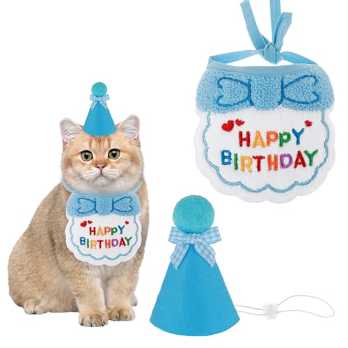 Andibro Haustier Katze Hund Happy Birthday Bandana Schals,Niedlich Party Hut Mini Besticktes Cat Dog Geburtstag Party Dekoration Haustier Kostüme Kopfbedeckung Zubehör Dekorationen(Blau) von Andibro