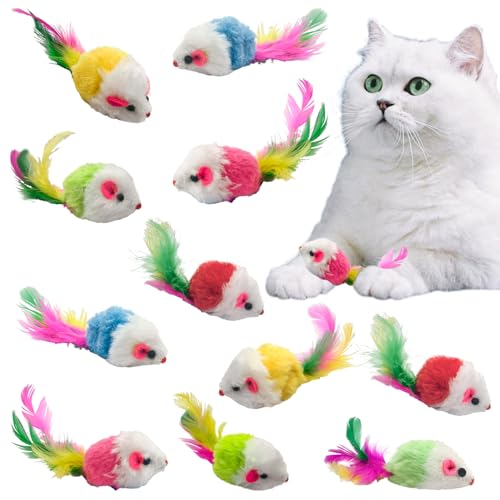 Andiker 12Pcs Katze Maus Spielzeug für Indoor Katzen, 3.93'' Bunte Katze Mäuse Spielzeug mit Feder Mäuse Spielzeug für Katze Katze Plüsch Maus Spielzeug für Katze zu fangen Spielen (Zufällige Farben) von Andiker