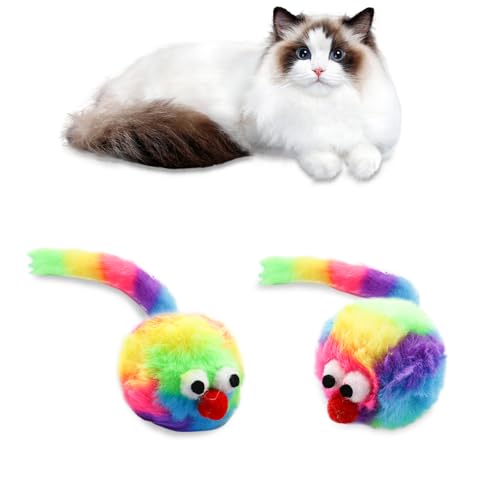 Andiker Katzen-Maus-Spielzeug, Katzen-Plüschtiere mit Regenbogen-Rattenschwanz-Design, eingebauter Klangstein, hautfreundliches Kaninchen-Plüsch, lebendiges Katzenspielzeug für den Innenbereich, von Andiker