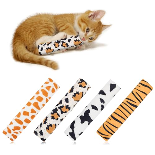 Andiker Katzenspielzeug, Katzenkissen, 4 Stück Plüsch-Katzenminze-Spielzeug für Katzen mit Tiermustern für Indoor-Katzen, 25 cm, interaktives Katzenspielzeug mit Knistergeräusch zum Jagen, Kauen, von Andiker