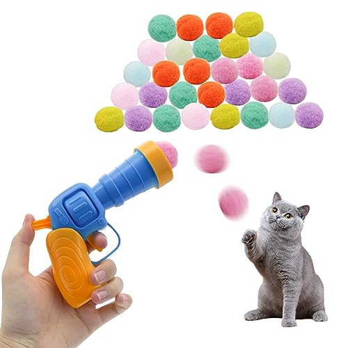 Andiker Katzenspielzeugbälle-Set, 30 Plüsch-Katzen-Pom-Bälle und ein Kunststoff-Katzen-Apportierspielzeug-Set zum Fangen und Apportieren, interaktives Katzenspielzeug mit bunten Katzenbällen für von Andiker