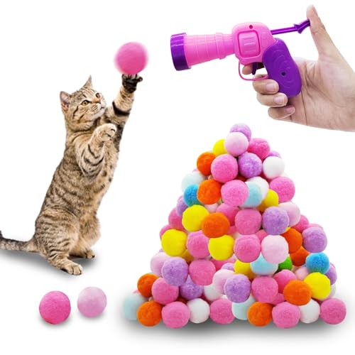 Andiker Katzenspielzeug-Bälle-Set, 30-teiliges Plüsch-Katzen-Pom-Bälle und ein Kunststoffwerfer-Set zum Fangen und Apportieren, interaktives Katzenspielzeug mit bunten und weichen Katzenbällen für von Andiker