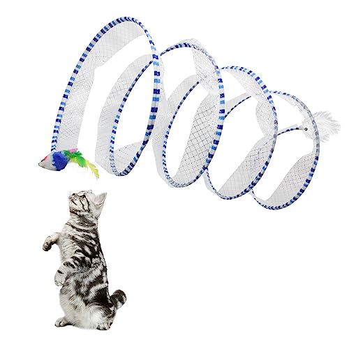 Andiker Katzentunnel-Spielzeug, 25,4 cm, faltbares Metall-Katzen-Federspielzeug mit Nylon-Netz, Feder, Maus und Glocke, interaktives Katzenspielzeug für Indoor-Katzen (Blau) von Andiker