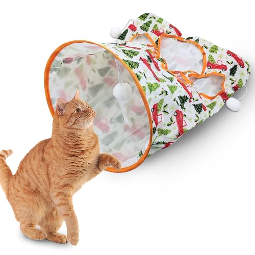 Andiker Katzentunnelbeutel für Indoor-Katzen, 33 x 43 x 30 cm, faltbare Katzen-Crinkle-Tasche mit 3 weißen Plüschbällen und 1 Maus, 5 Löcher, für Kätzchen zum Verstecken und Fangen, 3 Schichten, von Andiker