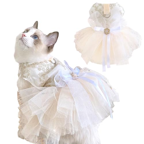 Anelekor Fancy Dog Dresses with Leash Ring, Embroidered Dog Wedding Dress, Bow Puppy Clothes for Small Dog Girl Multi-Layer Lace Tutu Cat Outfit for Kitten Chihuahua Yorkie, Champagner, Large von Anelekor