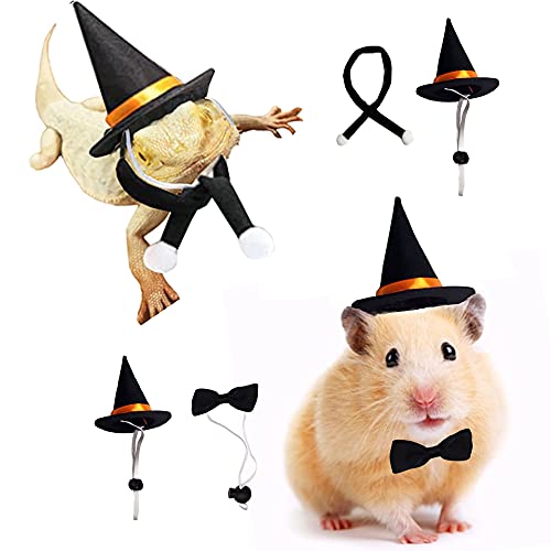 Anelekor Halloween-Kostüm für kleine Haustiere, Meerschweinchen, Zaubererhut mit Schal und Fliege, Eidechse, Hexenkopf, Zubehör, Hamstermütze für Igel, Chinchilla, Frettchen und ähnliche Rassen, Größe von Anelekor