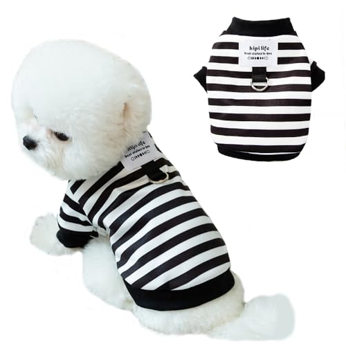 Anelekor Herbst Hund Hoodies mit Leine Ring Warm Striped Puppy Shirt für kleine Hunde Mädchen Junge Katze Pullover Winter Haustier Kleidung Pommersche Chihuahua Kaltes Wetter Mantel (L, Schwarz) von Anelekor