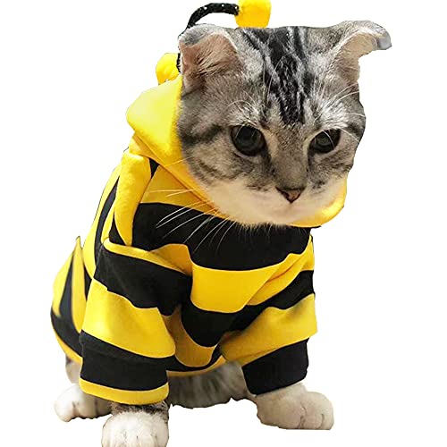 Anelekor Lustiges Hunde-Kapuzen-Sweatshirt, Urlaubskatzenpullover, warme Hundekleidung für kleine Hunde, gelbe Katze, Outfit, Welpen, Kapuzenmantel, Haustier-Bienenkostüm für Halloween, Weihnachten von Anelekor