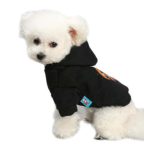 Anelekor Schwarze Welpen-Kapuzenpullover für kleine Hunde mit Kürbis, Totenkopf, Hexenmuster, warmes Hunde-Sweatshirt, Halloween, Haustierkleidung für Katzen, Chihuahua, Größe XXS (Medium, Schwarz) von Anelekor