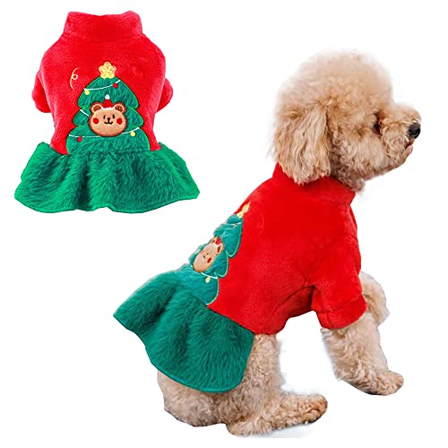 Anelekor Weihnachtskleid für Katzen kleine Hunde Urlaubsthema Welpenkleidung für Thanksgiving Neujahr Geburtstag Hund Xmas Tree Kostüm Warm Haustier Winter Outfit (A, Medium) von Anelekor