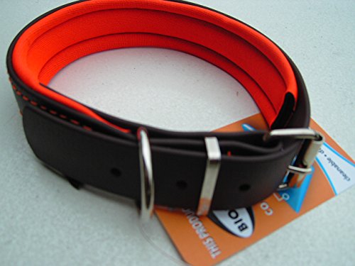 MJH Biothane Halsband braun, gefüttert, vernäht, verstellbar 38mm mit Neopren orange unterlegt (45-51cm) von Angel for Pets