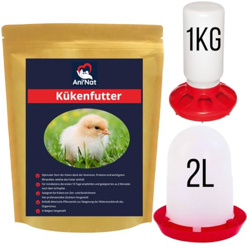 AniNat Komplettset 2L Tränke + 1kg Futterspender + 1800g Kükenfutter, Starterfutter mit Vitaminen, Proteinen, Mineralien und ätherischen Ölen. Ohne Antibiotika und OHNE GENTECHNIK. Ab Geburt geeignet. von Ani'Nat NATURE ANIMALE