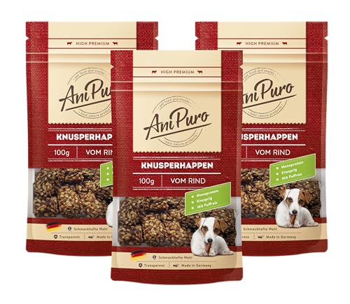 AniPuro 3 x 100g Knusperhappen vom Rind, hochwertiger und knuspriger Belohnungssnack, weizenfreie Rezeptur, tierisches Monoprotein, für große und kleine Hunde von Ani Puro