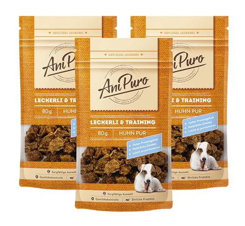 AniPuro 3 x 80g Leckerli & Training vom Huhn, Belohnungssnack, hochwertig, getreidefreie Rezeptur, tierisches Monoprotein, hoher Proteingehalt, für große und kleine Hunde von Ani Puro