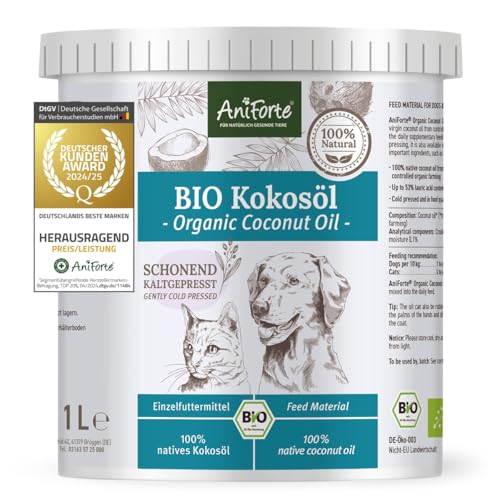 AniForte Bio Kokosöl für Hunde & Katzen 1 Liter Lebensmittelqualität - Erste Kaltpressung, Nativ, Unraffiniert, Hoher Laurinsäure Gehalt, Pflege für Fell, Pfote & Haut, biologischer Anbau, Barf Zusatz von AniForte