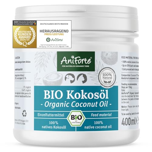 AniForte Bio Kokosöl für Hunde & Katzen 400 ml Lebensmittelqualität - Erste Kaltpressung, Nativ, Unraffiniert, Hoher Laurinsäure Gehalt, Pflege für Fell, Pfote & Haut, biologischer Anbau, Barf Zusatz von AniForte