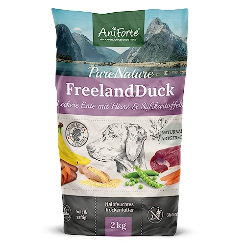 AniForte Ente Trockenfutter für Hunde 2kg – Leckere Ente mit Hirse, Süßkartoffeln & Kräutern, Vitamine für Hunde, Halbfeuchtes Trockenfutter, Hundefutter trocken glutenfrei für Allergiker von AniForte