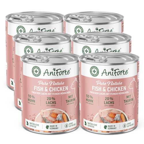 AniForte Fish & Chicken Nassfutter für Katzen 6 x 400 g – Natürliches Katzenfutter nass getreidefrei, viel frisches Lachs & Huhn, Katzennassfutter getreidefrei, Futter für Katzen, Wet cat Food von AniForte