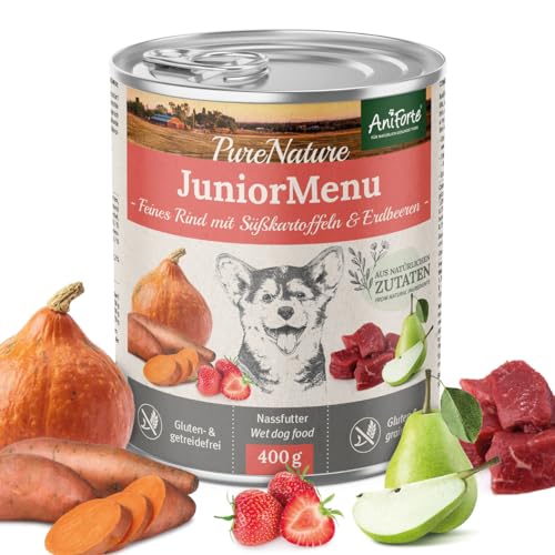 AniForte Hundefutter Nass Junior Rind 6 x 400g – Natürliches Nassfutter für Welpen, Junghunde im Wachstum, hoher Fleischanteil, Premium Welpennassfutter getreidefrei von AniForte