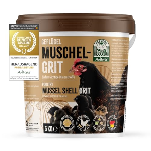 AniForte Muschelgrit für Hühner 5kg – Natürliches Mineralfutter reich an Calcium für Geflügel, Mineralgrit für Knochen- & Eibildung, Grit für Hühner aus Muschelkalk – FarmLife Muschelschrot von AniForte