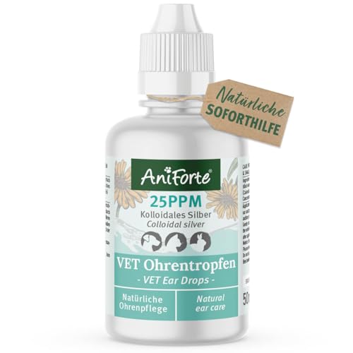 AniForte Ohrentropfen mit kolloidalem Silber 25ppm & Ringelblume 50ml | Für Hunde, Katzen & Kleintiere I Bei Ohrentzündungen, Juckreiz I Ohrenpflege, Ohrenhygiene, Gesunde Ohren von AniForte