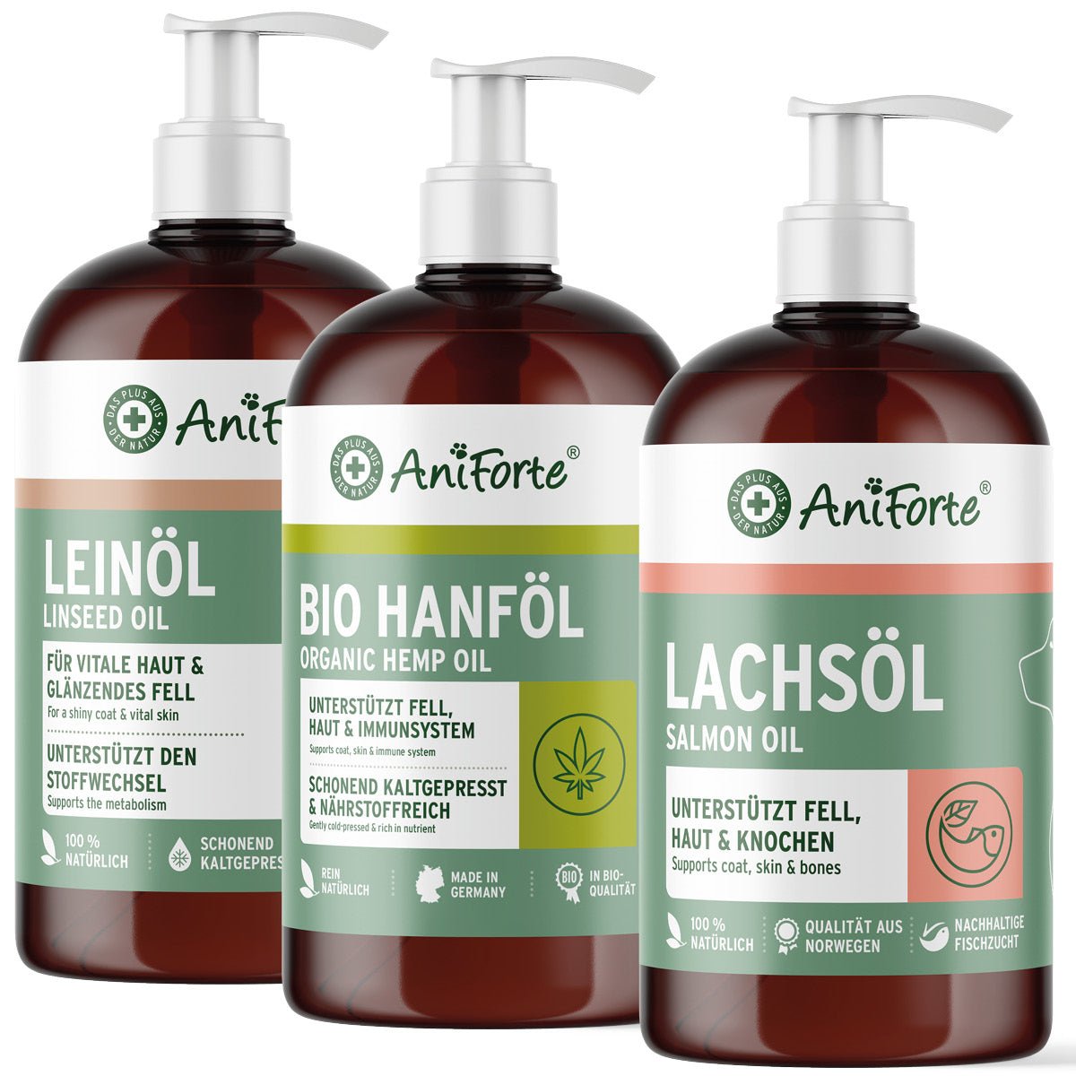 BARF-Öl Set mit Lachsöl, Leinöl & Hanföl von AniForte