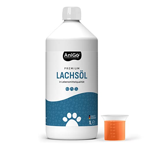 AniGo PREMIUM Lachsöl Hunde 1 Liter, Omega 3 & 6 Barf Öl Hund I Lachsöl Hund 1 Liter I Hochdosiertes Fischöl Hund - in Lebensmittelqualität von AniGo