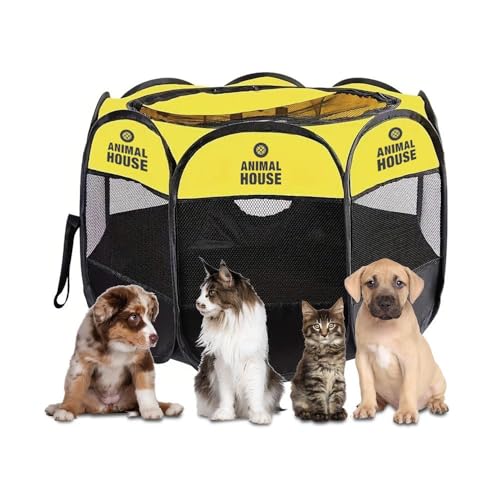 Animal House, Faltbarer wasserdichter Zaun für Welpen, Hunde, Katzen und Kaninchen: Vielseitig und transportabel, ideal für den Innenbereich, 74 x 74 x 43 (Gelb, klein) von Animal House