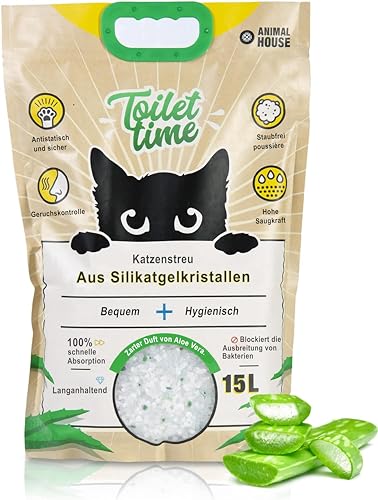 Animal House Toilet Time – Kristall-Silikonstreu für Katzen – antistatisch und sicher – staubfrei – extrem saugfähig – hält Gerüche zurück (Aloe, 15L) von Animal House